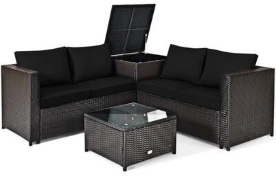 Costway 4 Pieces Outdoor Patio Rattan Furniture Set with Loveseat and Storage Box-Black