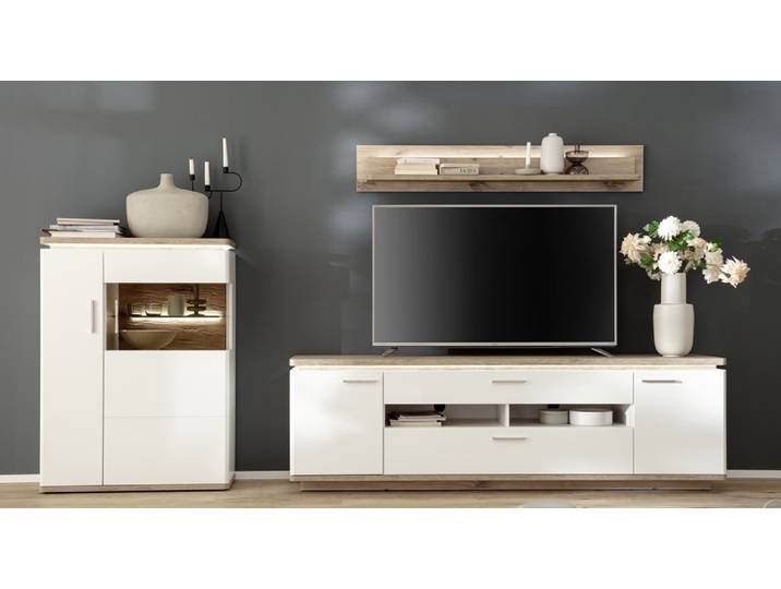Wohnkombination Palermo 3 , Soft white / Viking Oak , 3-teilig , LED Beleuchtung