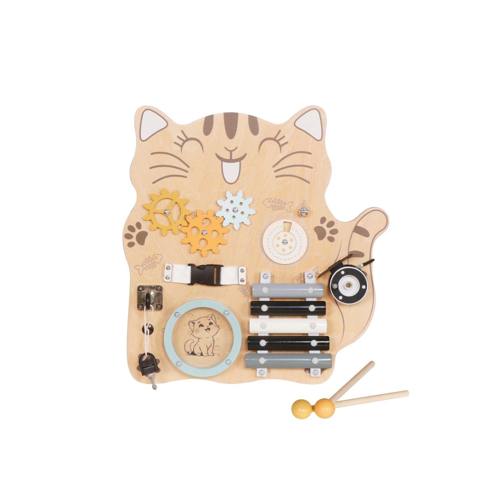 Moni Lernboard Katze W12D664 Holz, Xylofon, Zahnräder, Schlösser, Verschlüsse braun