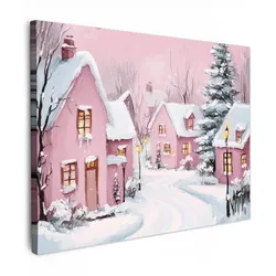 LEINWANDBILD Weihnachtsdorf - Rosa - Winter - Schnee - Häuser Wandbild 40x30 cm