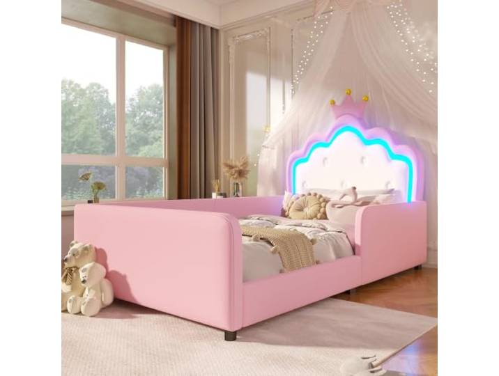 BTM PU Bett Mädchen 90x190 Kinderbett mit LED, Sicherheitsgitter Rosa Prinzessinnenbett in Kronenform