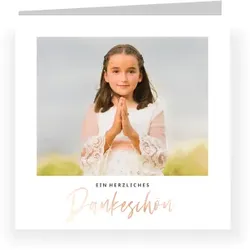 Dankeskarte Kommunion: Roségoldene Danksagung mit Foto in Weiß