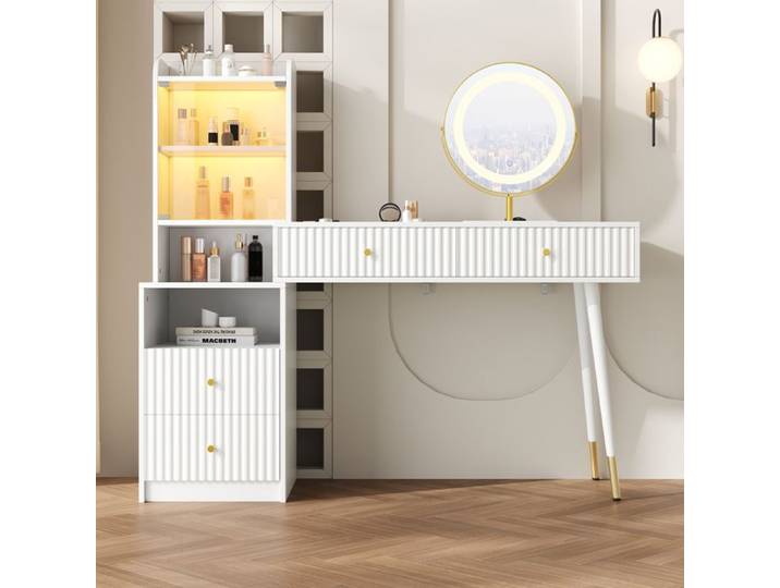 Table de maquillage-Coiffeuse-Avec miroir LED 3 teintes-vitrine vitrée éclairée -4 tiroirs compartiment ouvert-100x40x125 cm-blanc
