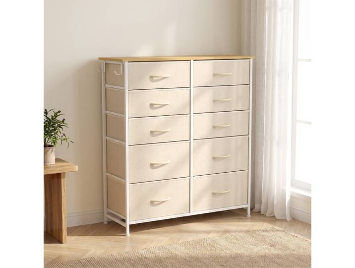 HOMCOM Commode 10 Tiroirs Tissu Acier 80x30x94,5cm Beige