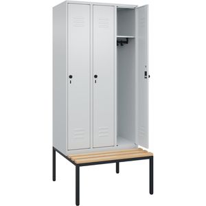 CP-Möbel Spind Classic PLUS, lichtgrau, 3 Abteile, 90 x 212 cm, mit Sitzbank & Drehriegelschloss