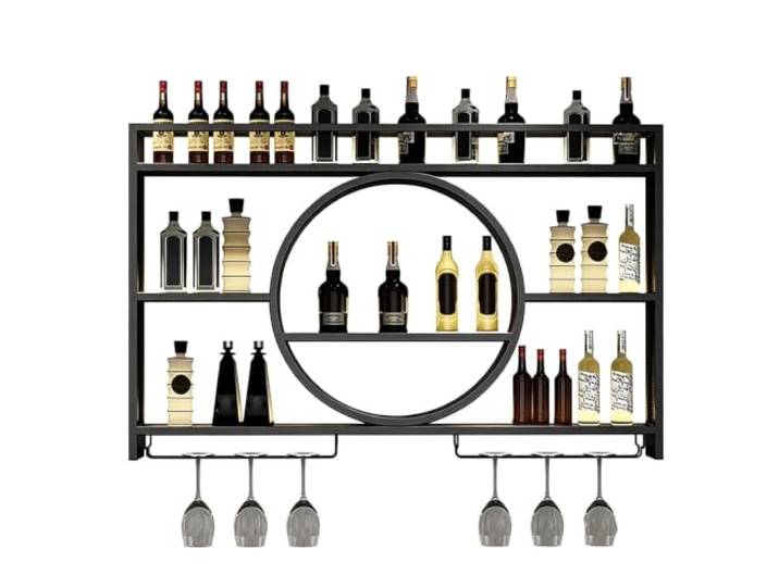 Failjierue 39'' runde Weinregale aus Eisen für Aufhängen für Hausbars Weinglasregal zur Wandmontage, Stielglashalter, Organizer(Black)