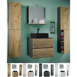VCM 5-tlg. Waschplatz Waschtisch   schwarzes Waschbecken Unterschrank Breite 60 cm    Badmöbel Set mit Schubladen Drehtüren Spiegel   Lendas S BL
