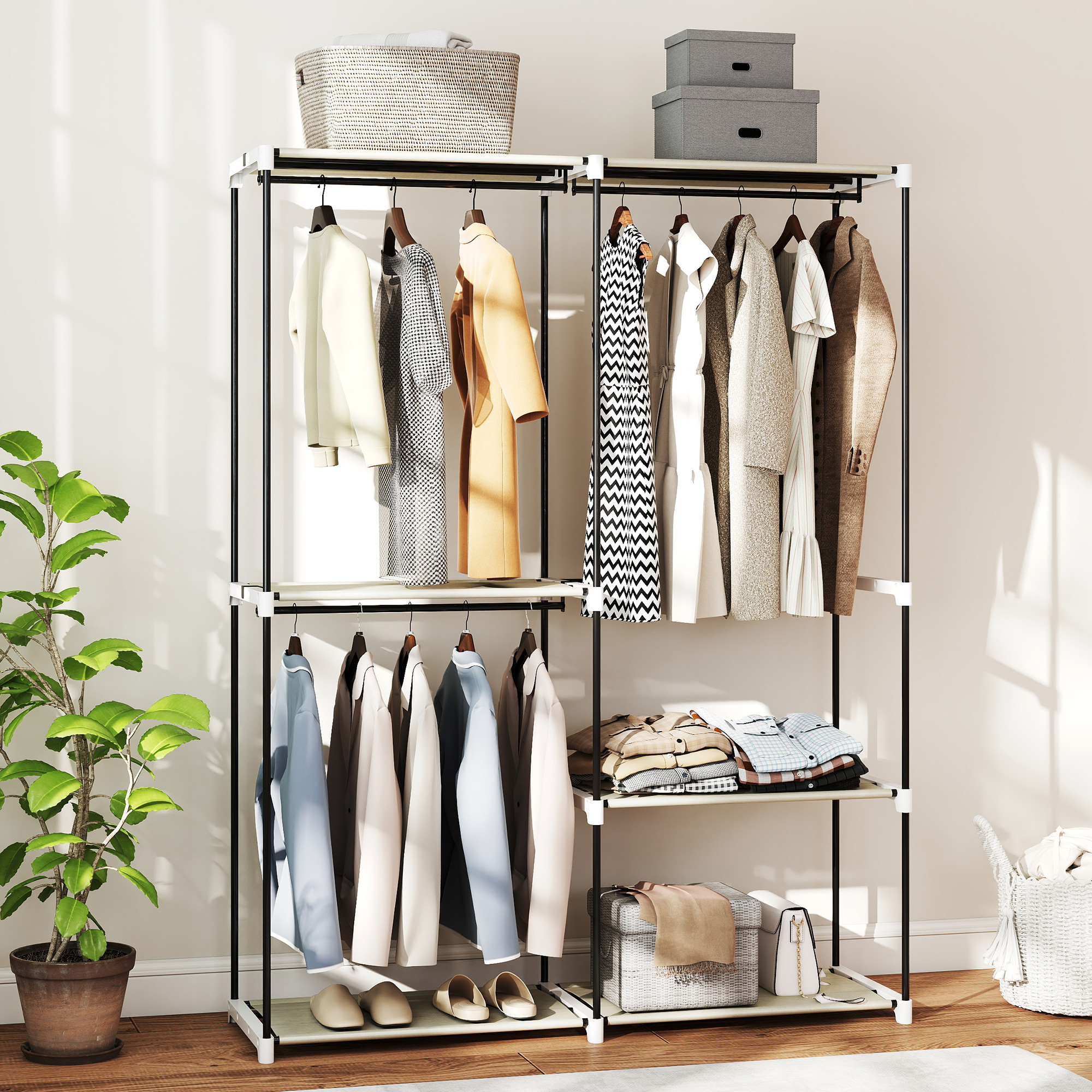 Homcom Armadio per Abiti Aperto con 4 Ripiani in Tessuto, 3 Barre per Appendere e Struttura in Metallo 142x43x185 cm Crema   Aosom Italy