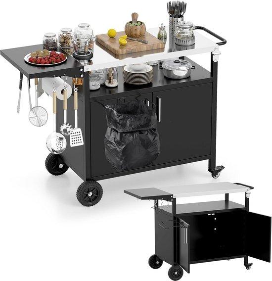 Famanu Grillwagen mit klappbarem Arbeitsfläche und Stauraum - Schwarz/Silber