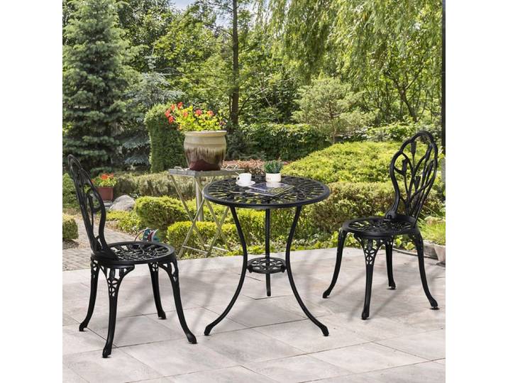 Salon de balcon 2 personnes en aluminium noir 1 table + 2 chaises pour repas extérieur