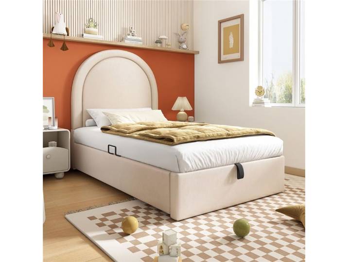 Lit Enfant 90x200cm PU Beige - Modèle Univers Unisexe - Rembourré Confortable sans Matelas