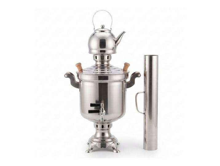 BIG-PAN Wasserkessel Edelstahl Holzfeuer-Samowar 5 Liter Schornstein Teekanne 1 Liter Sieb, Edelstahl (Holzfeuer-Samovar, Teekocher Teemaschine), Tea Maker with Chimney