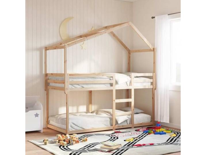 Molumvel Kinderbett Hausdach Gestell Kiefernholz, 213x95.5x144.5 cm Massivholz, Offene Seite, Spielhaus-Optik, Einfache Montage