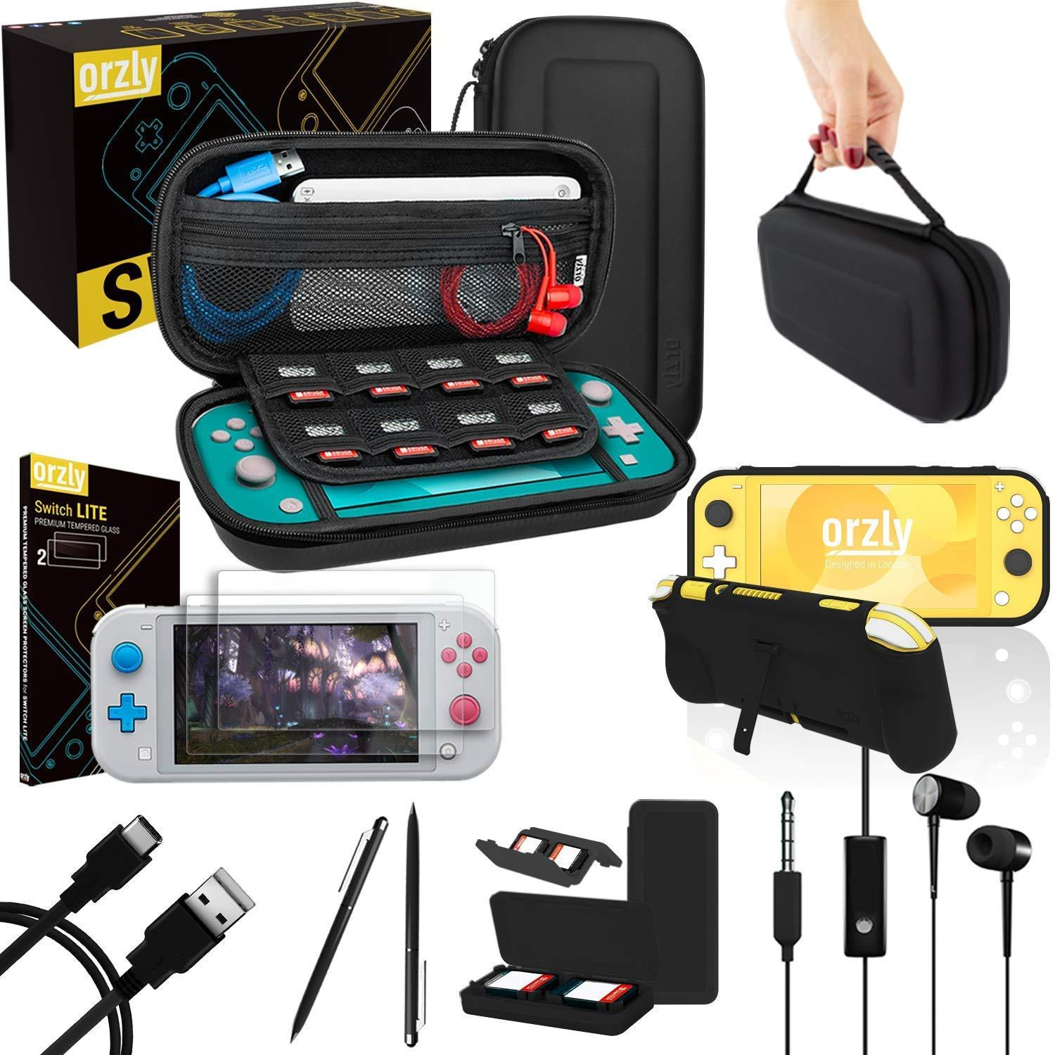 Orzly Accessoires Set voor Nintendo Switch Lite (2019) - Zwart - Inclusief Beschermfolie, Hoes, USB-kabel, Spelkaarthouder, Handgreep en Hoofdtelefoon