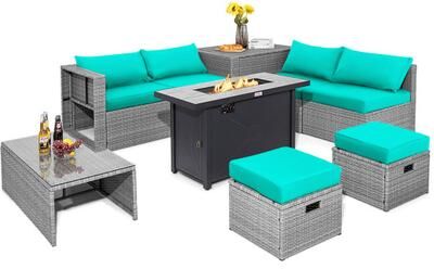 Costway 9 Pieces Patio Furniture Set with 42 Inches 60000 BTU Fire Pit-Turquoise