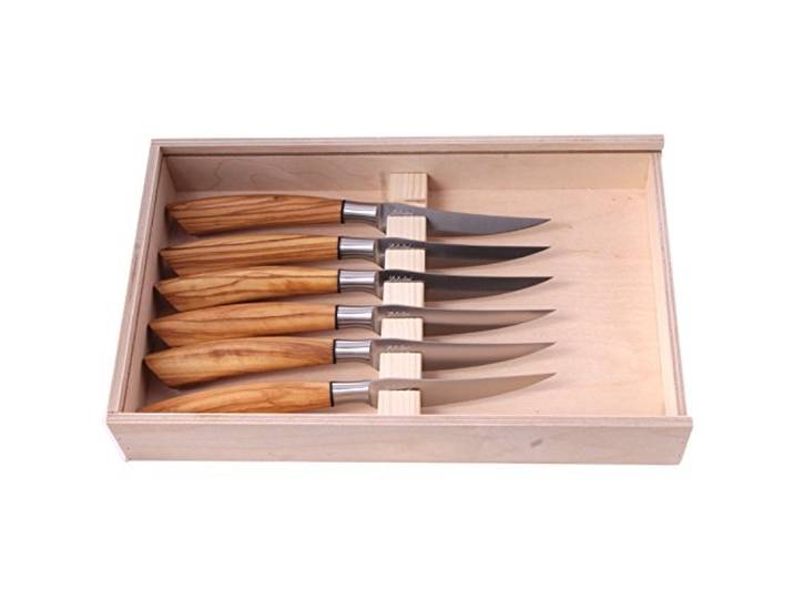 Coltelleria Saladini Steakmesserset 6-teilig mit Olivenholzgriff und gebogener Klinge aus Edelstahl