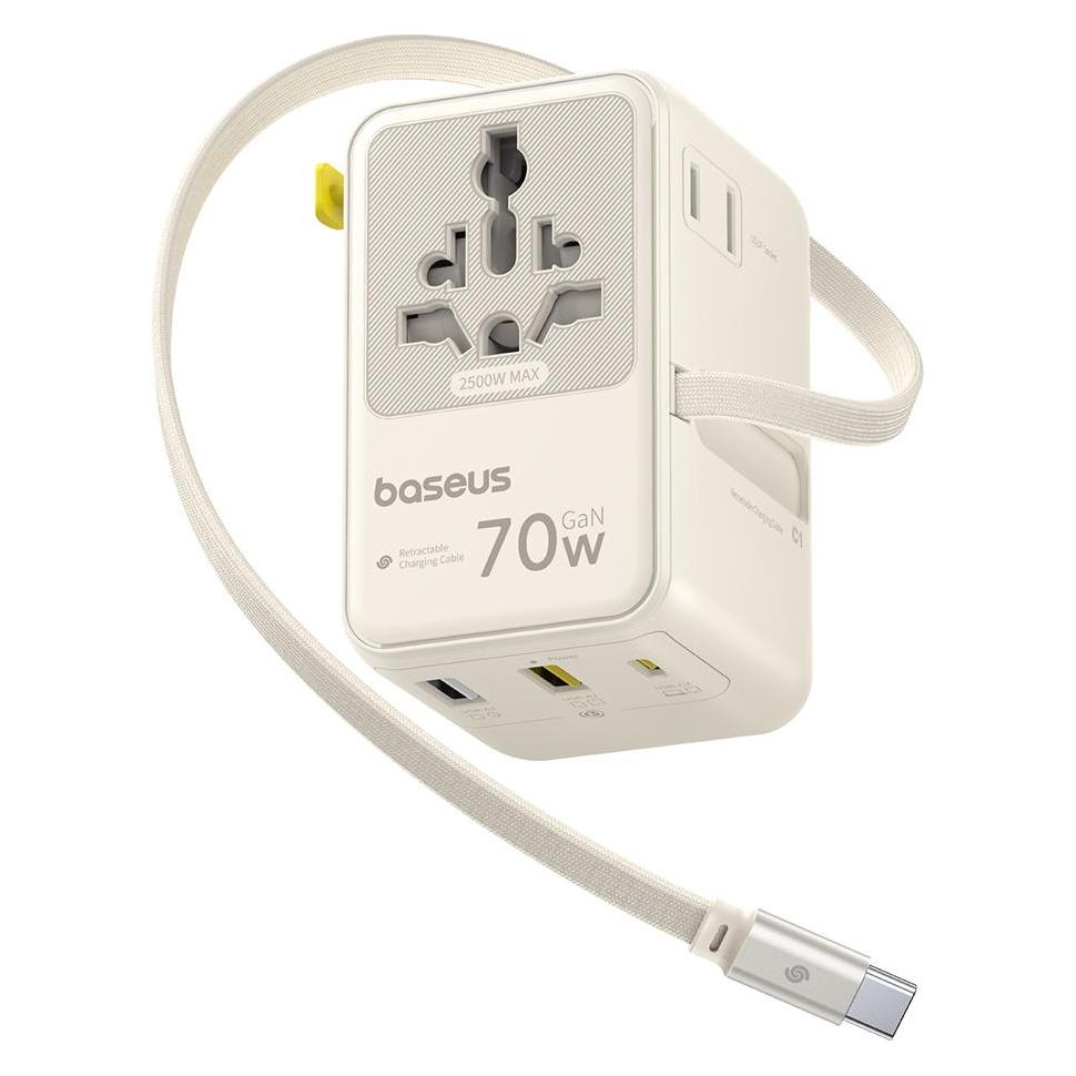 Baseus Adapter podróżny EnerCore CG11 70W 6w1 ze zwijanym kablem USB-C - biały (6942521202584)