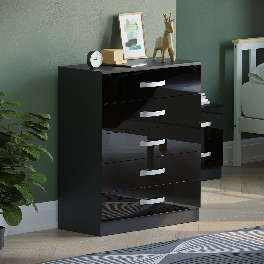 17 Stories Arkadij 5 - Drawer High Gloss Chest of Drawers, Anti Bowing Bedroom Storage Cabinet Black 90cm H X 75cm W X 36cm D