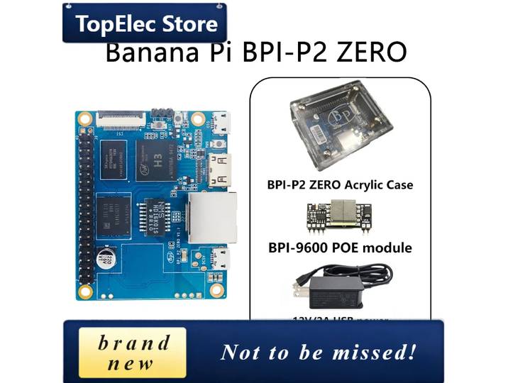 TopElec Banana Pi BPI-P2 Zero avec boîtier, alimentation PoE, Allwinner H3 Quad-core Cortex-A7, 512 Mo DDR3, 8 Go EMMC, prend en charge PoE, exécute le système d'exploitation Android
