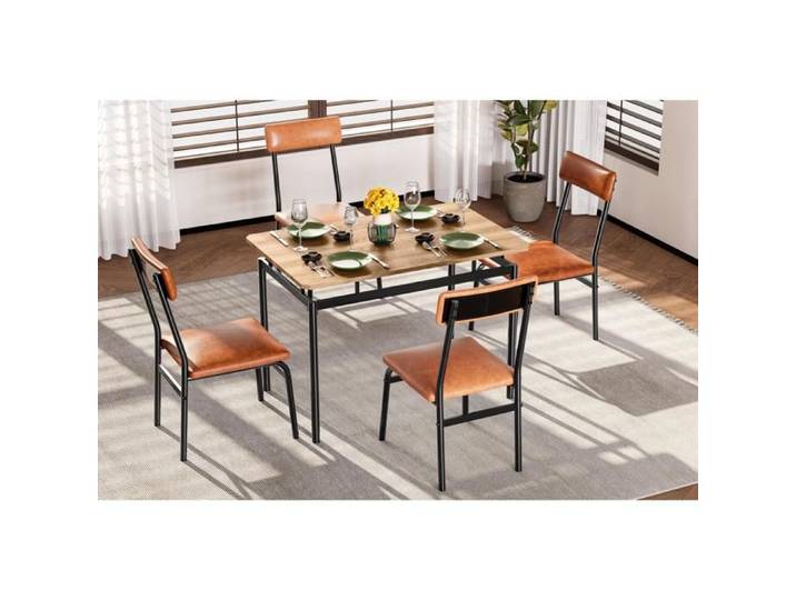 Ensemble repas 5 pièces marron table cuisine +4 chaises PU cadre métal industriel appartement studio