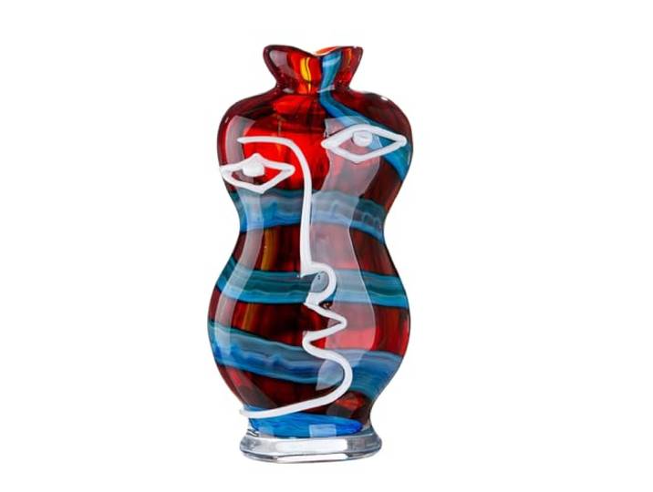 Vase Facial Franco en Verre Peint à la Main Motif Visage Bleu/Rouge Hauteur 34 cm Largeur 17 cm