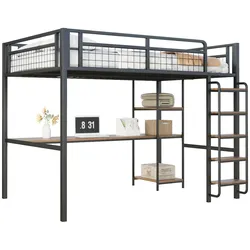 OKWISH Hochbett Metall mit Leiter, Tisch und Regalen, multifunktionales Loftbett mit Stauraum, robust und sicher, 140x200 cm,Schwarz