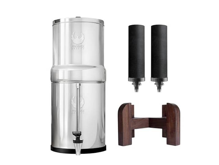 Phoenix Gravity - 8-Liter-Edelstahl-Wasserfilter (NSF/ANSI 42- und 372-zertifiziert) mit 2 Carbon-Filterkartuschen und 2 POSTreat Steel-Filterkartuschen zur Fluoridentfernung, inklusive Stahlständer