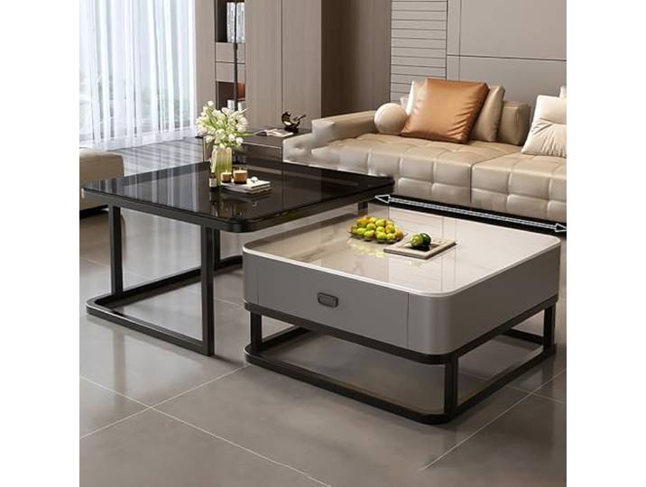 Couchtisch 2er Set, Couchtisch Mit Schublade, Wohnzimmertisch, Zusammensetzbarer Couchtisch Mit Schubladen, Quadratisches Couchtisch-Set, Schiefer und Glas, Platzsparend, Geeignet für Wohnzimmer Und B