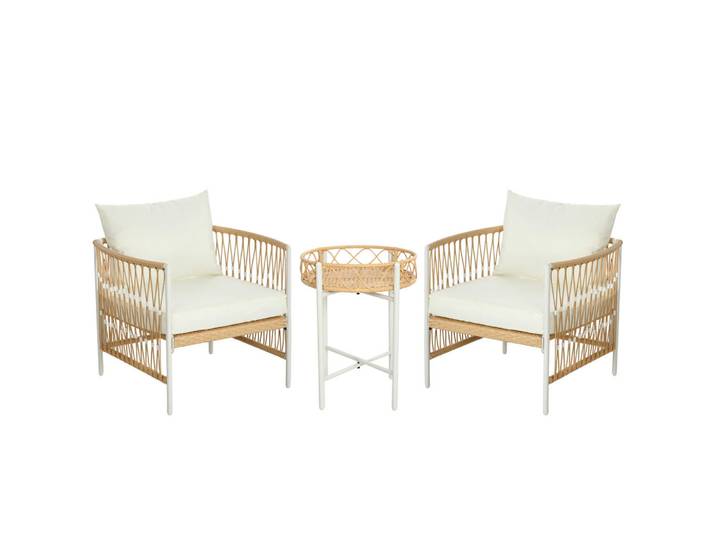 Outsunny Gartengarnitur mit 2 Gartenstühle, 3er-Set Rattan Gartenmöbel-Set, Gelb+Creme, Kunststoff, Gartenmöbel, Gartengarnituren, Gartenmöbel-Sets