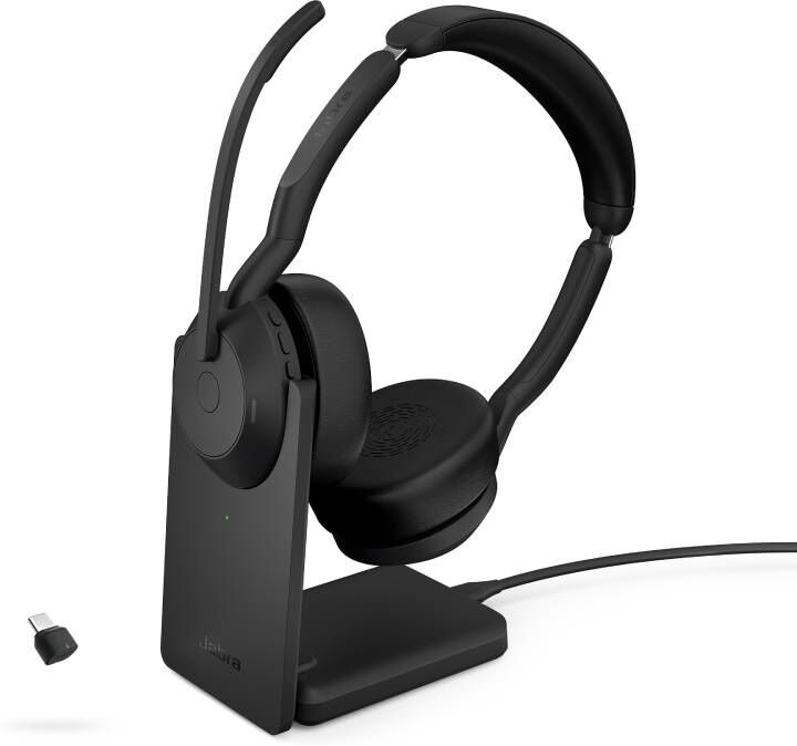 Jabra GN Jabra Evolve2 55 Stéréo UC + Dongle USB-C Link380 & Socle Casque UC sans-fil pour PC et mobile avec Dongle USB-C Link380 et socle de charge.