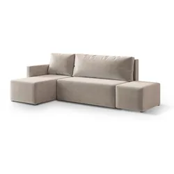 ECKSOFA VELOTTI L-S Beige Plüsch-Stoff mit Schlaffunktion