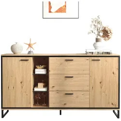 Merax Sideboard mit LED-Beleuchtung und Glasablagen, Kommode Holz mit großem Stauraum und verstellbare Einlegeböden