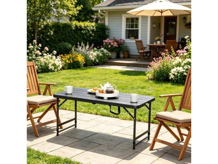 Table de jardin pliante 4 personnes hauteur réglable - LPOSPI - plateau HDPE imitation bois acier thermolaqué noir