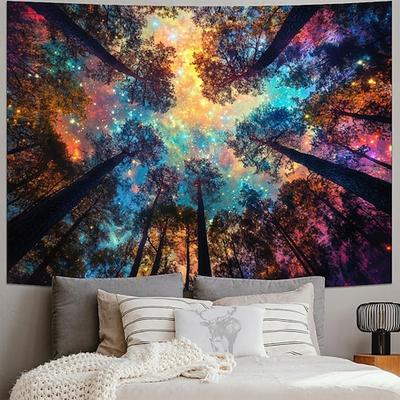 Wandteppich mit Nordlichtern, Vollmond, Waldmotiv, ästhetischer Galaxien-Nachthimmel für Schlafzimmer, Wohnzimmer, Yogaraum, Meditationsraum
