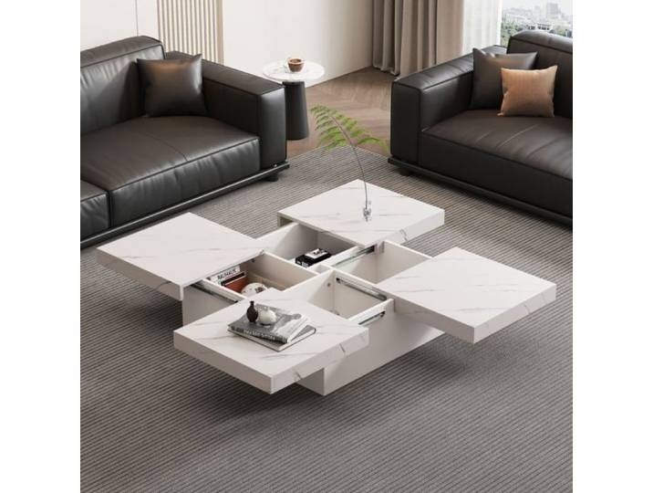 Table Basse Carrée 90x90x25cm - DINKALEN - Placage de Marbre - 4 Tiroirs Plateau Coulissant - Blanc