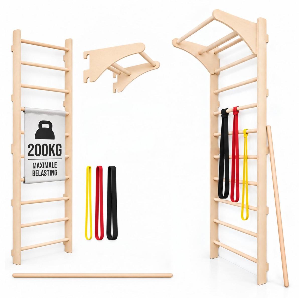 Wandtrainingsrack Klimmstange Trainingsgerät - Holz - Mit Widerstandsbändern und Dehnstab - Für zu Hause