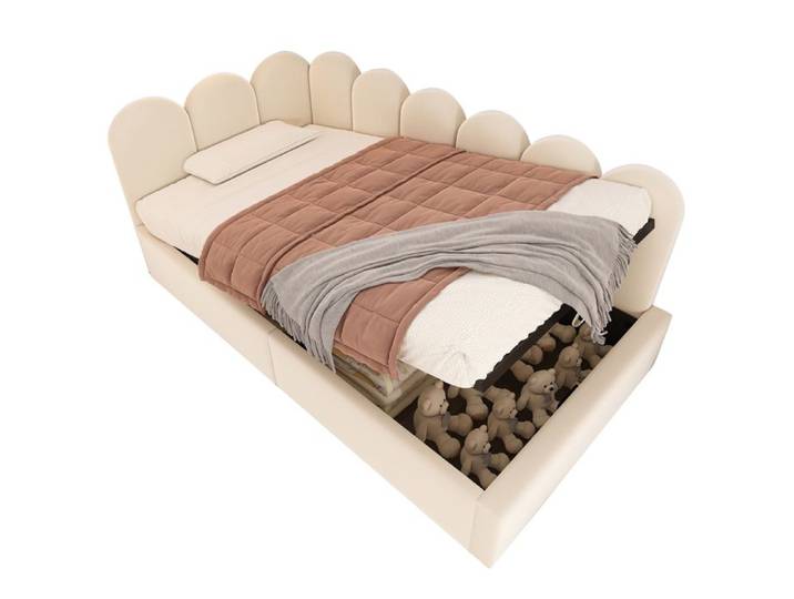 VLIVRA Lit Banquette Lit Simple Coffre Hydraulique et Barrière 90×200 cm sans Matelas en Velours Beige