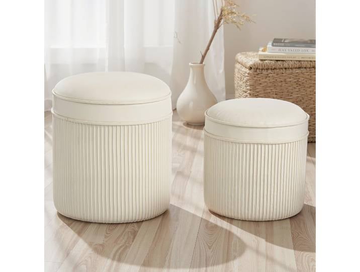 HOMCOM Lot de 2 Poufs Ronds Velours Crème avec Rangement