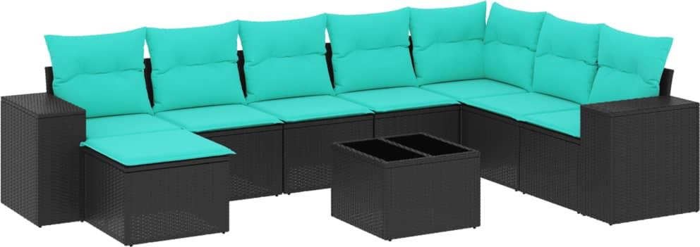9-teiliges Gartensofa-Set mit Kissen, schwarzes Polyrattan
