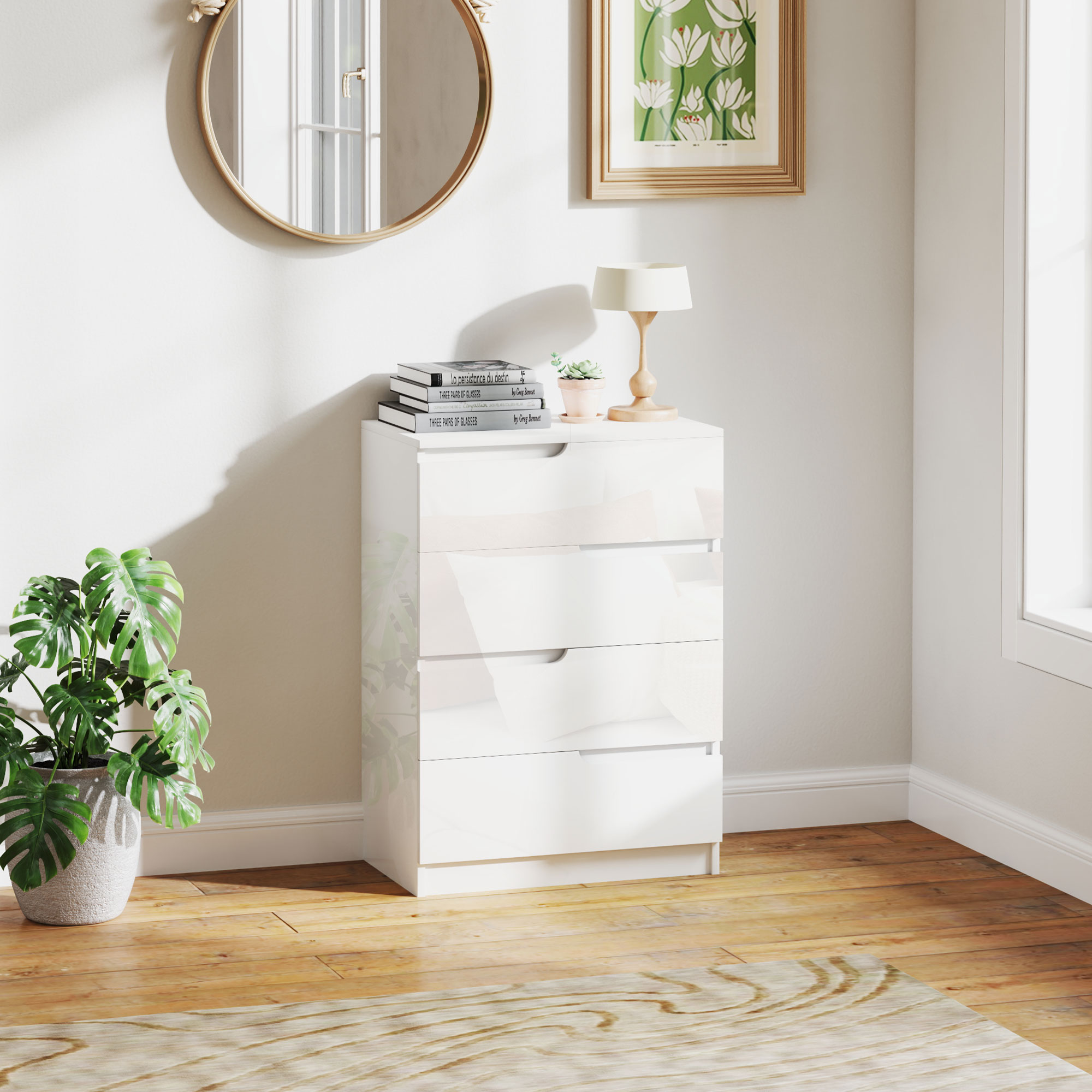 Homcom Cassettiera 4 Cassetti Moderna e Minimal in Legno, 60x40x85 cm, Bianco Lucido
