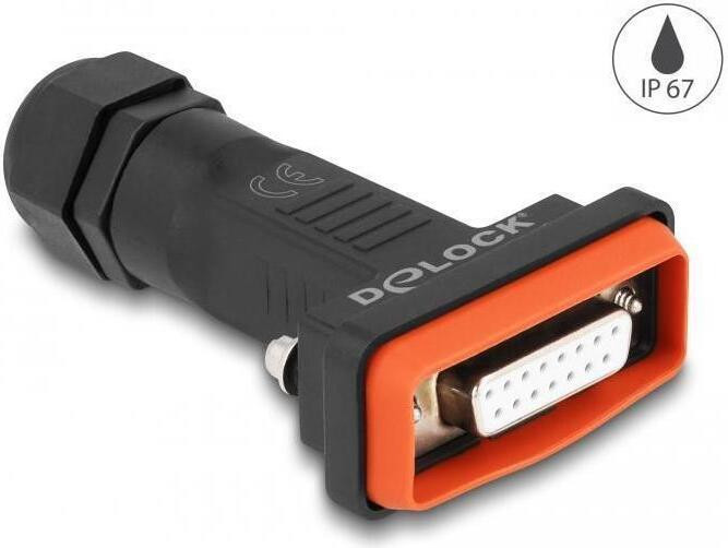 Delock D-Sub 15-polige connector met behuizing, IP67 waterdicht, female, recht, zwart/oranje