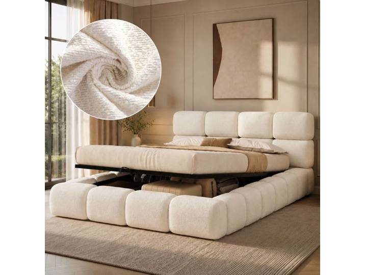 Lit Coffre 180x200 - Lit Double Rembourré Design Nuage Avec Grand Rangement Hydraulique - Lit Bouclé Avec Sommier À Lattes Blanc