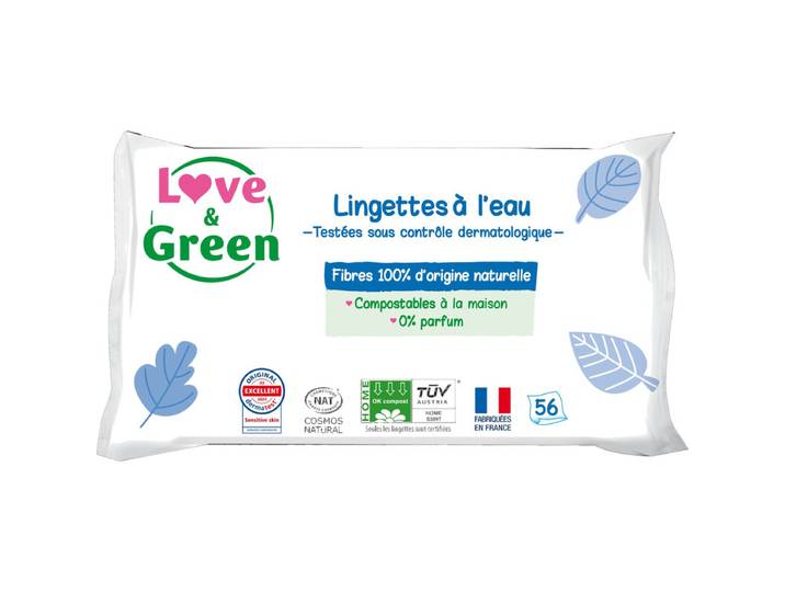 LOVE &amp; GREEN Lingettes écologiques à l'eau - fibres 100% d'origine naturelle - 56 lingettes