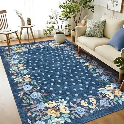 YUN Entryway Rug Washable Floral Area Rug, Non Slip Low Pile Small Carpet for Bedroom, Kitchen, Living Room