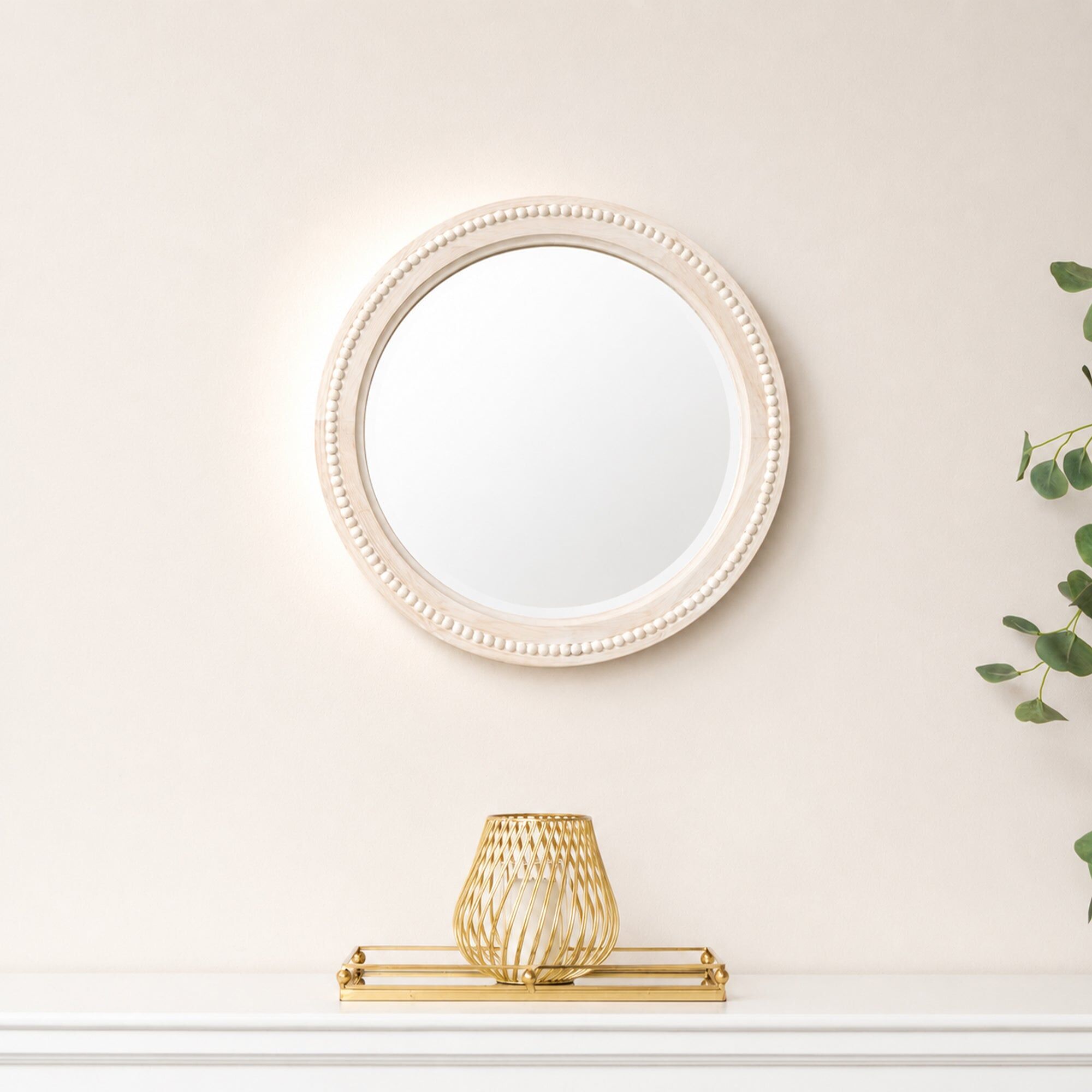 Round Distressed White Washed Wooden Bobbin Detailed Wall Mirror - 50cm x 50cm Glass, Metal, Wood