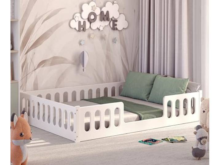 CADANI Monte 140x200 Weiß Bodenbett - Rausfallschutz abnehmbar, bis 200 kg Montessori Kinderbett, robuster Roll-Lattenrost, abgerundete Kanten, hochwertige Fertigung in der EU für langlebige Qualität