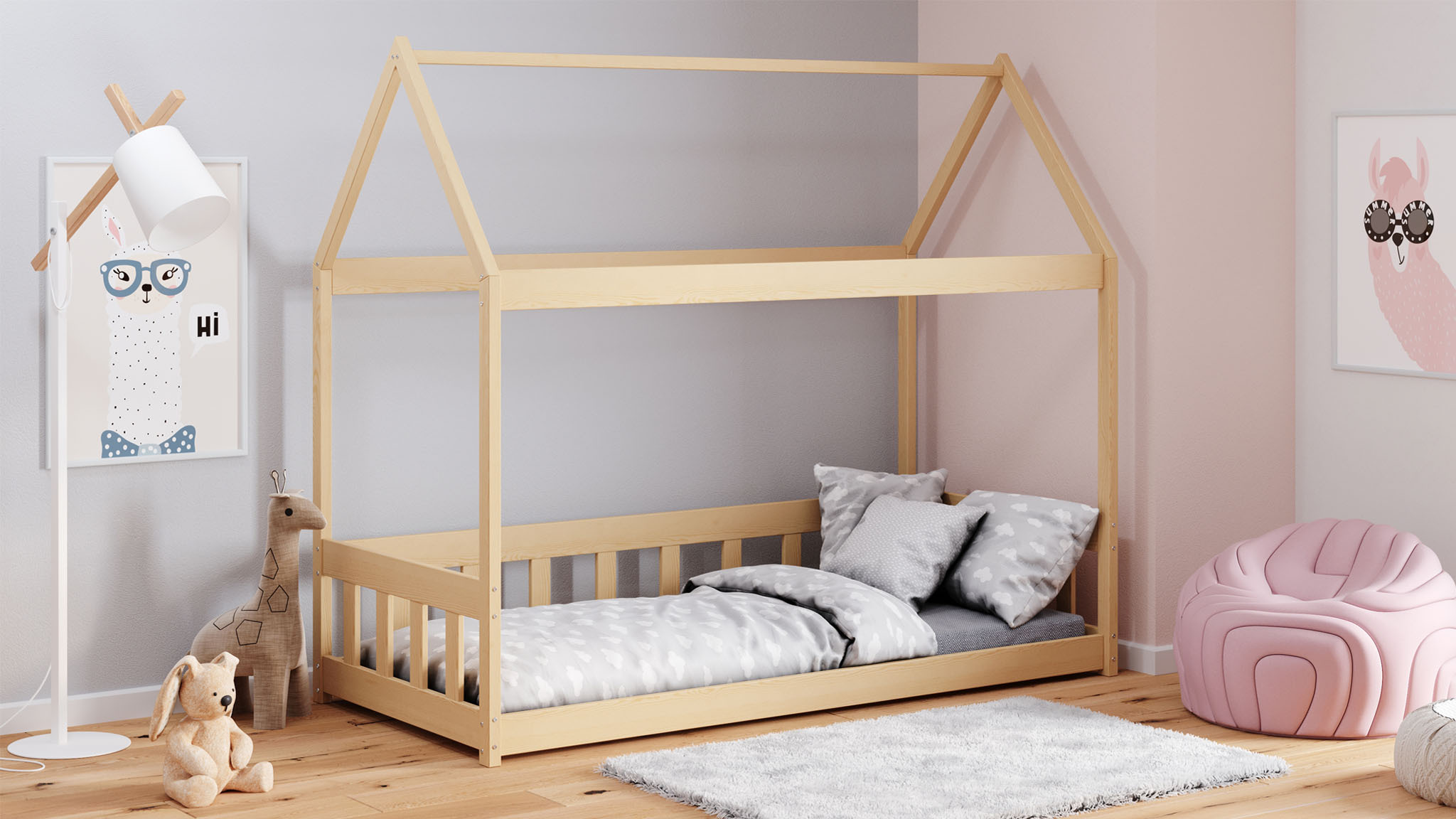 Meble Wróbel, Bodenbett, Hüttenbett Domek Brat, 80 x 160 cm, Höhe 175 cm, Naturbelassen