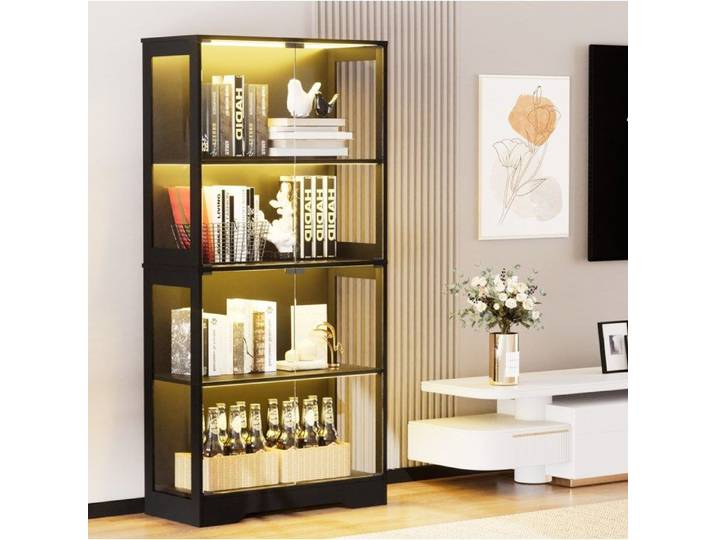 Vitrine en Verre 4 Niveaux avec LED - LPOSPI - Capteur de Mouvement 2 Portes Vitrées MDF et Verre Noir 80 × 35 × 165 cm