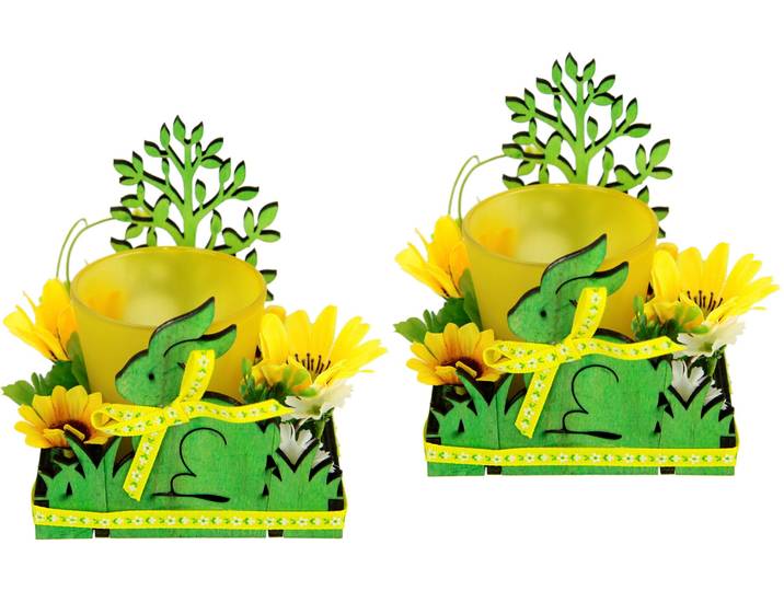 Teelichthalter I.GE.A. Hase , gelb, B:10cm H:11cm, Glas, Kunststoff, Polyester, Kerzenhalter, Teelichthalter, 2er Set Windlicht Osterhase Glas Holz Kerzenleuchter Frühlingskranz 3D