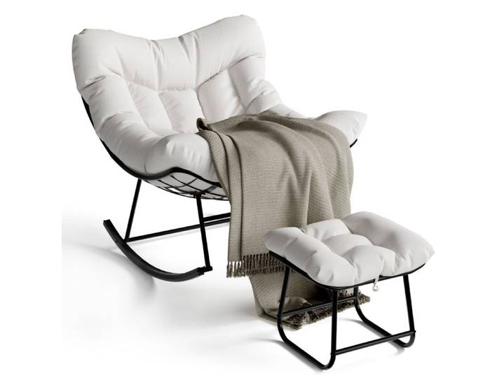Fauteuil À Bascule Oversize Avec Repose-pieds – Coussins Épais Structure Métal – Pour Piscine Jardin Terrasse Blanc